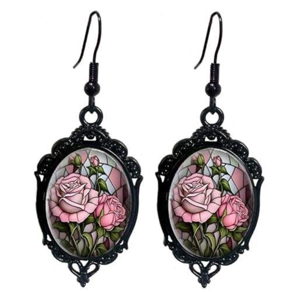 Gothic Victorian Stained Glass‎ Rose Drop Earrings Black Filigree Floral Dangle
